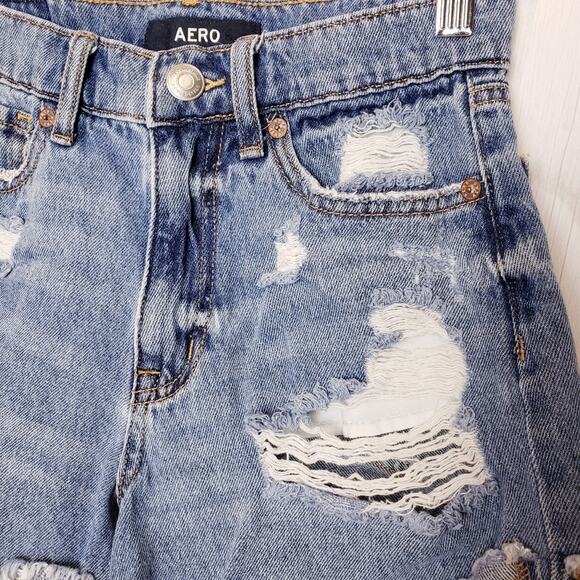 Aero Mom‎ Short Denim High Rise Distressed Shorts Blue Size 0 - Picture 4 of 8
